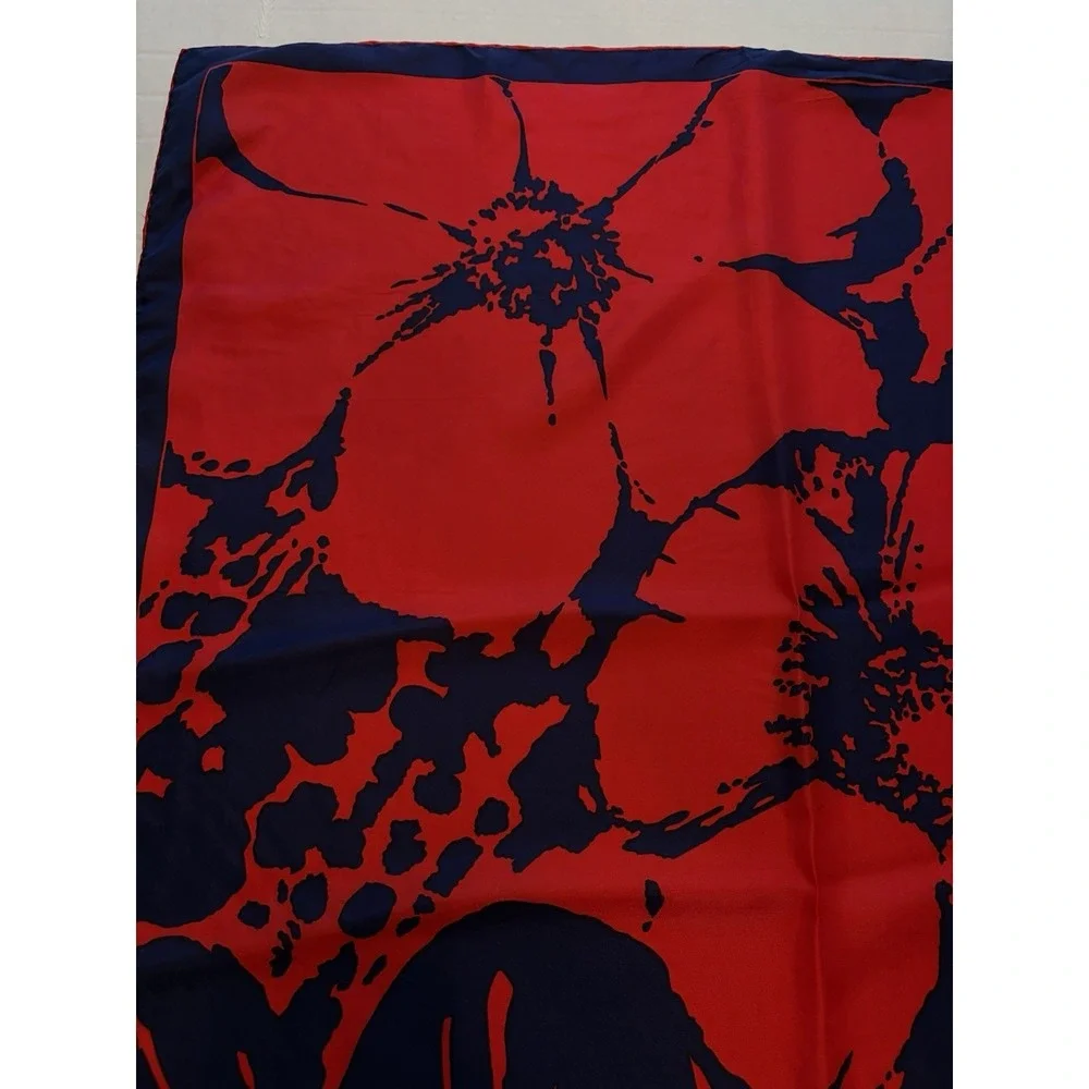 Vintage Silk Rayon Scarf Red Navy Blue Mod Floral Hand Rolled‎ Japan 29